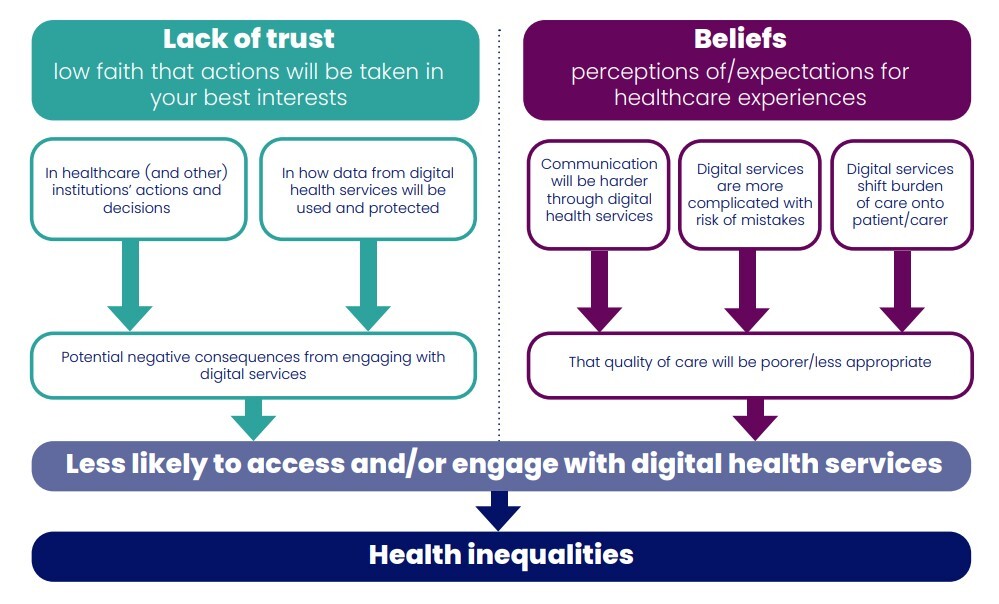 A diagram showing how lack of trust and beliefs lead to people being less likely to access or engage with digital health services, which then leads to health inequalities. The left hand side contains boxes summarising on lack of trust in healthcare and other institutions’ actions, and in how data will be used. The right hand side contains boxes summarising beliefs that communication is harder through digital services, that digital services are more complicated and that they shift the burden of care onto the patient / carer.